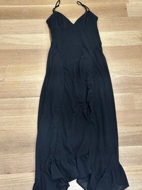 Black Ruffle Hem Midi Dress Spaghetti Strap Flowy Dress XS